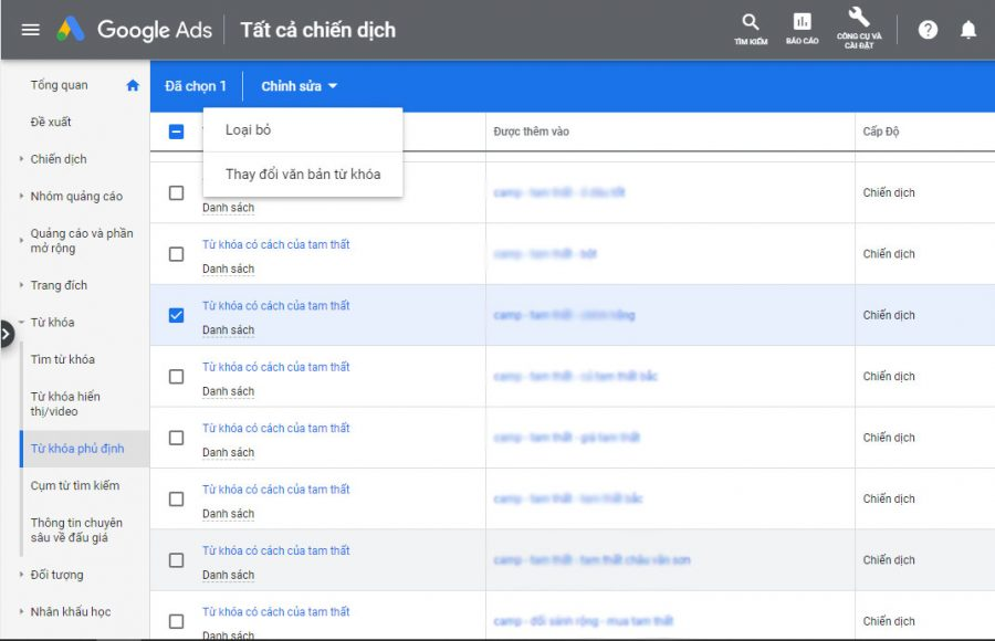 Xóa danh sách từ khóa phủ định Adwords khỏi chiến dịch