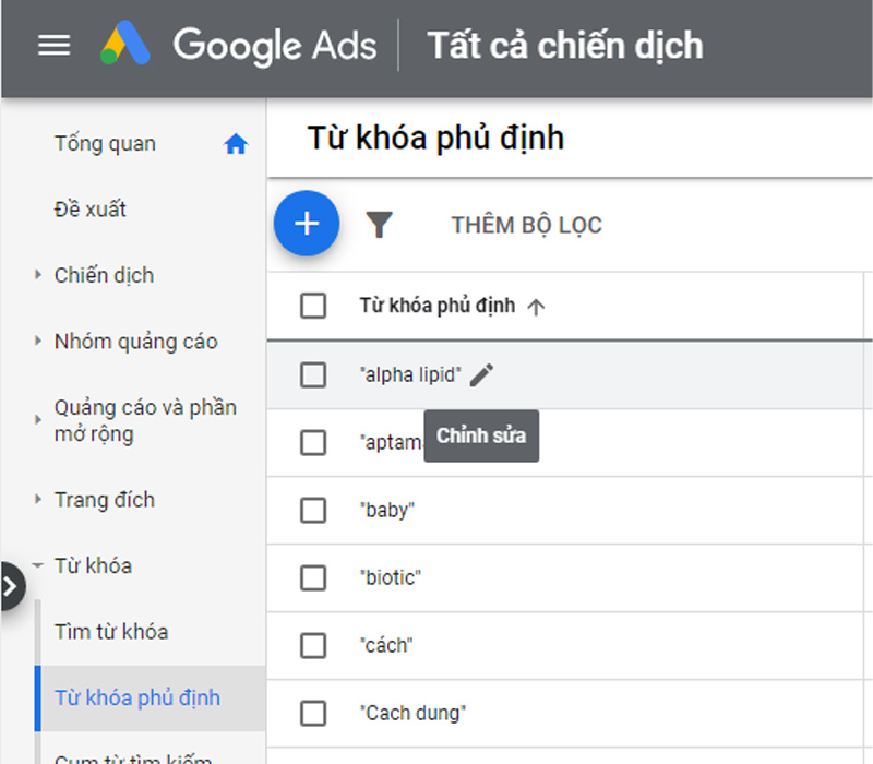 Chỉnh sửa, xóa hoặc tải bộ từ khóa phủ định negative keyword