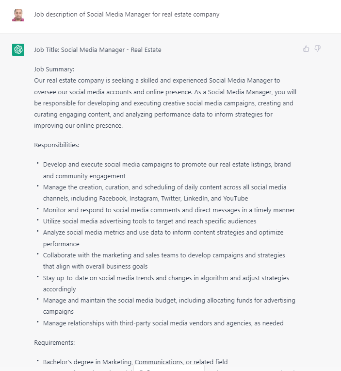 ChatGPT có khả năng tạo một mô tả công việc đầy đủ và chi tiết 