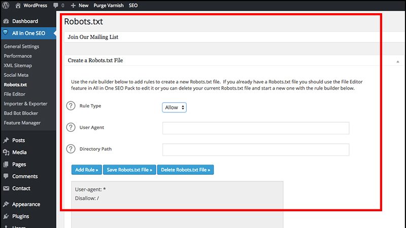 tạo file robots.txt bằng All in One SEO