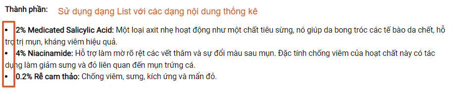 Sử dụng dạng List cho các thông tin