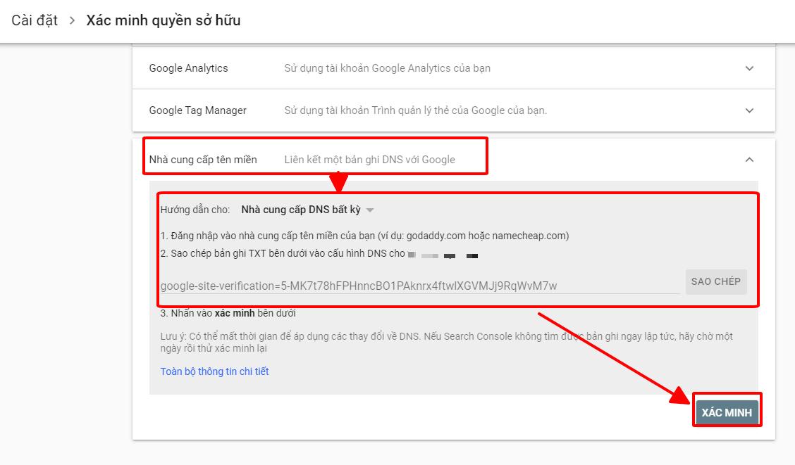 Xác minh GWT (Google Search Console) bằng DNS