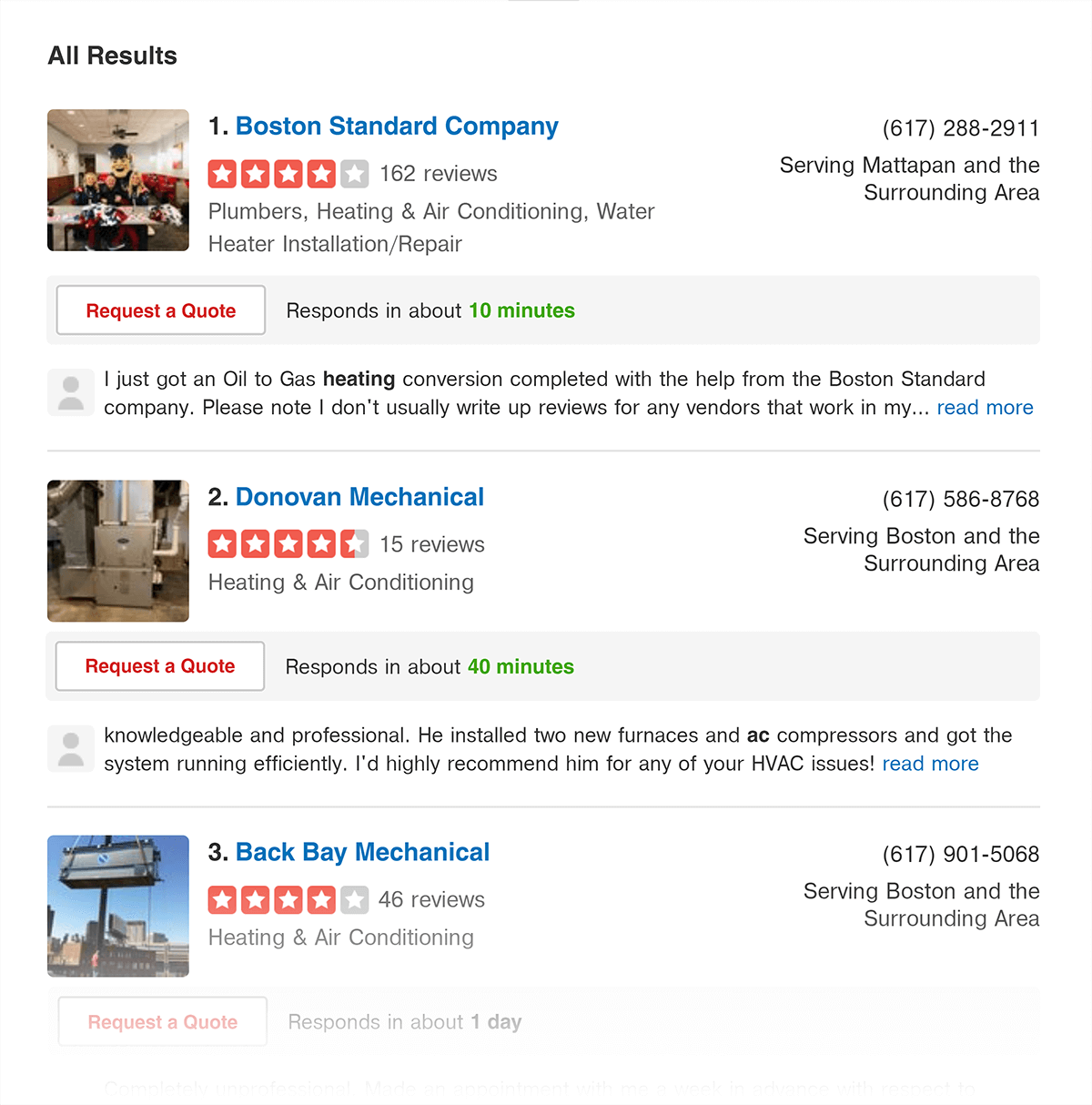 Yelp results for HVAC near Boston