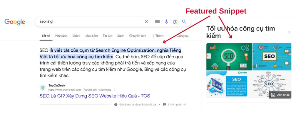 Featured Snippet cung cấp câu trả lời trực tiếp và nội dung liên quan 