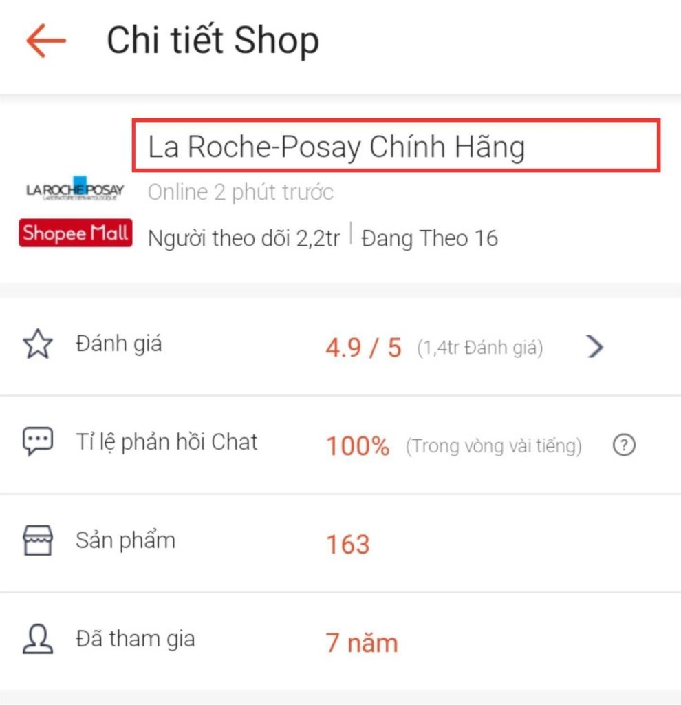 Ví dụ về tối ưu tên Shop trên ứng dụng Shopee